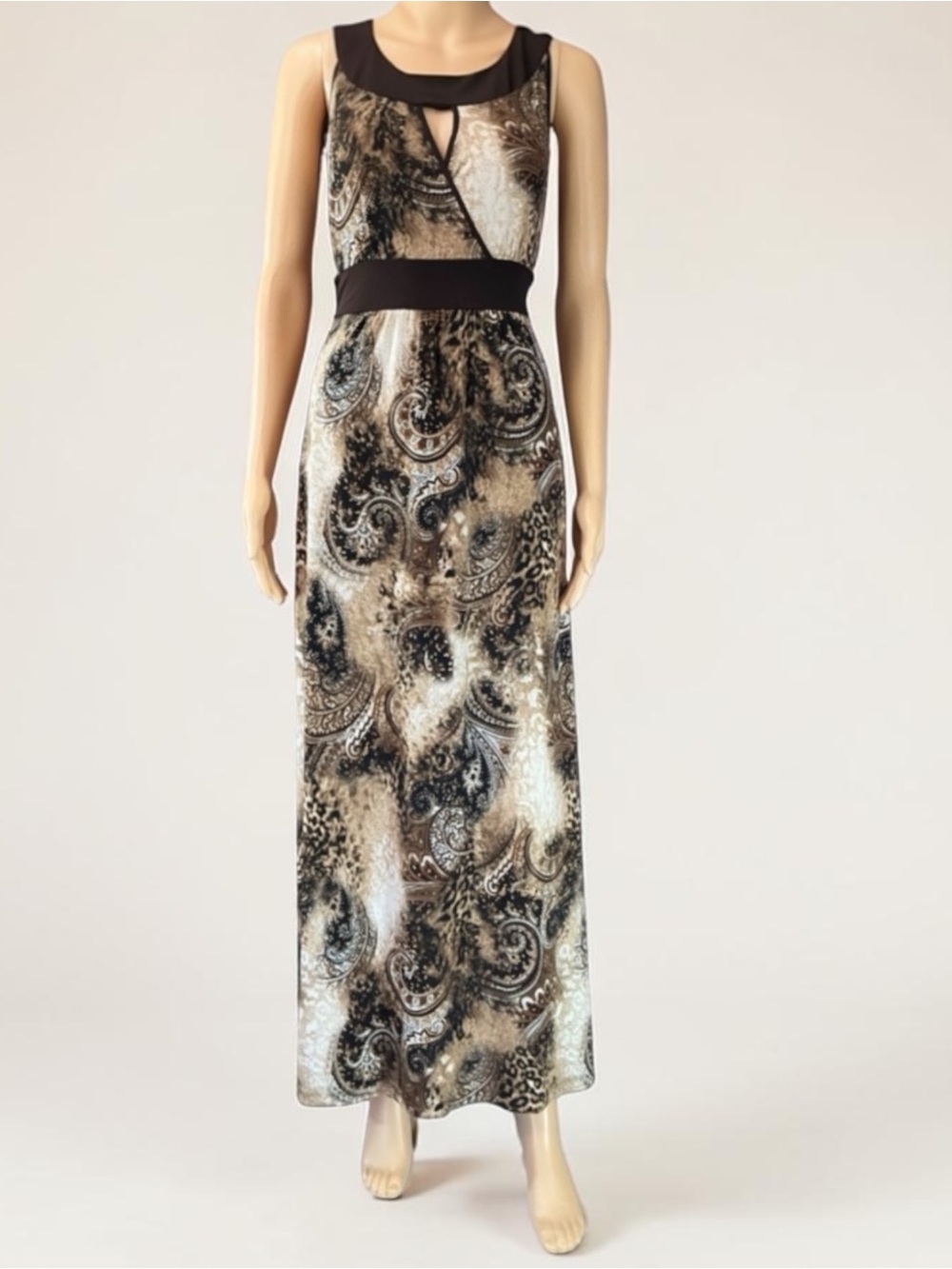 Susan Lawrence Brown and Black Filigree Sleeveless Sheath Maxi Dress